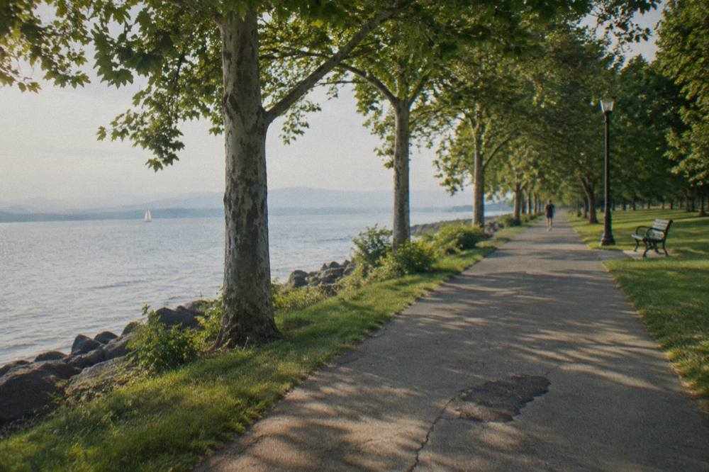An e-bike rider pedaling along a tree-lined paved path beside a lake