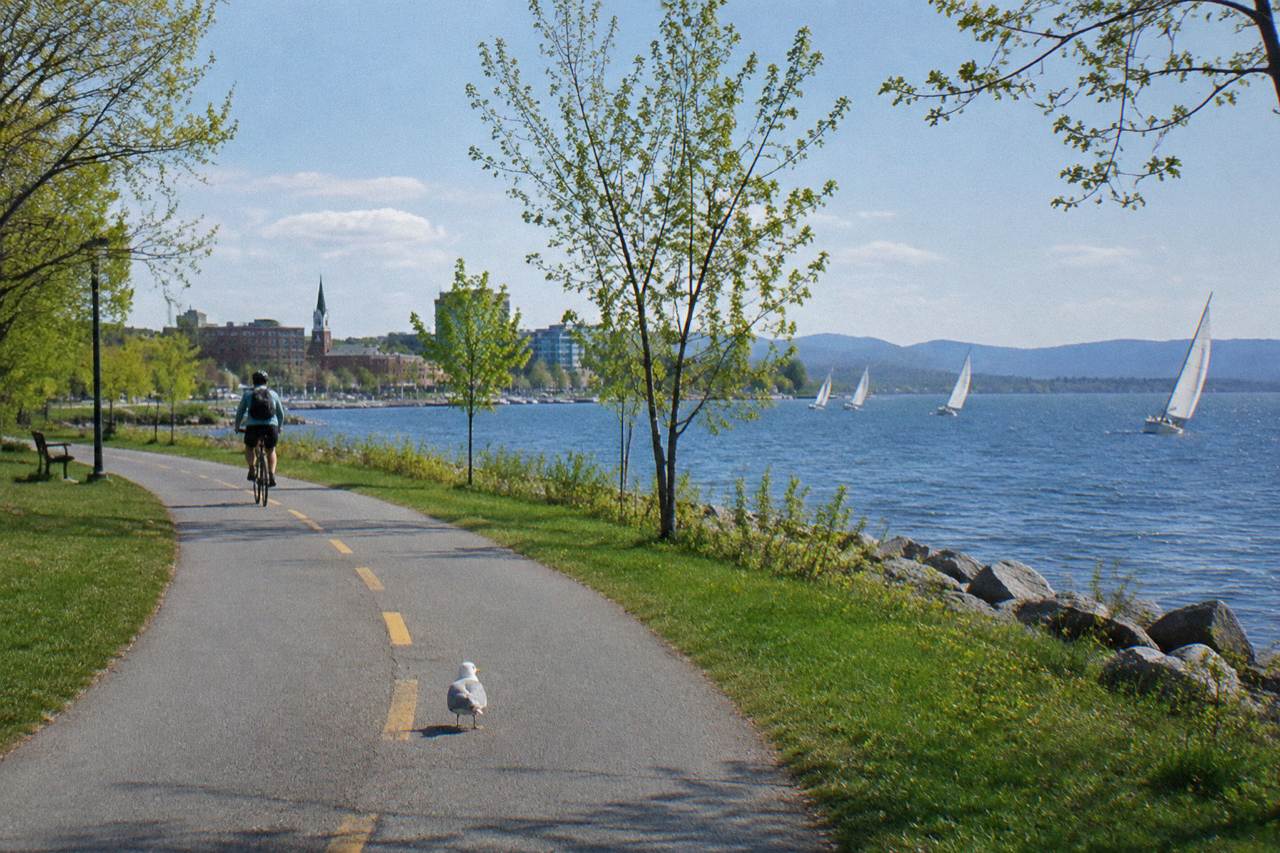 Cyclist on a paved path along Lake Champlain at Burlington, sailboats on blue water, a gull on the path