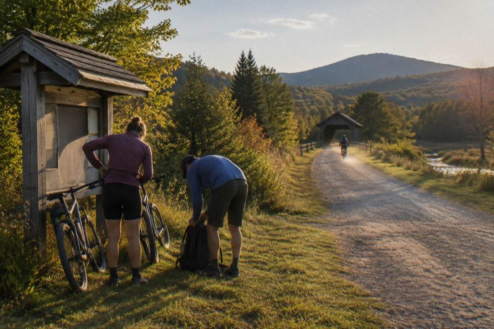 Two cyclists resting beside their bikes at a wooden trailhead sign on a rail trail in Vermont