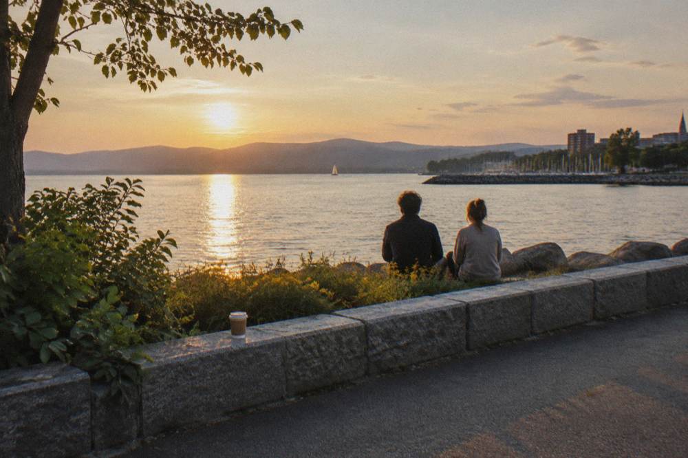 Cyclists resting at a lakeside bench overlooking the water at the end of the paved path