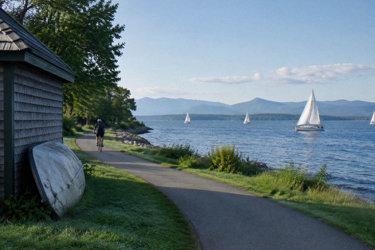 Cyclist on a paved lakeside greenway in Burlington, sailboats on Lake Champlain, an upturned dinghy by the boathouse