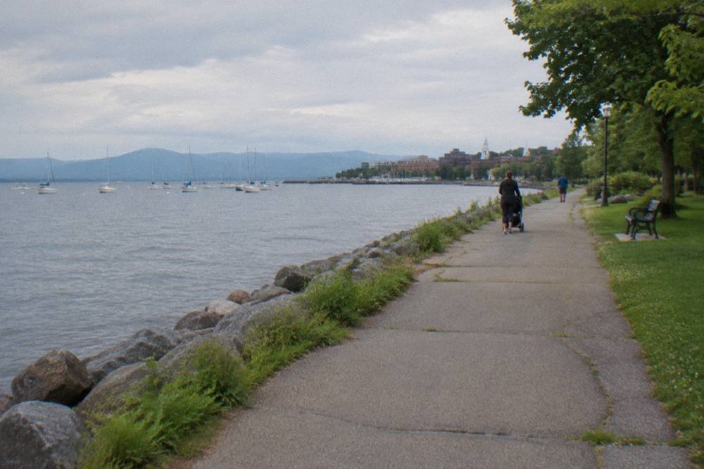 A wide paved bike path along a lake shore with trees and open water beyond
