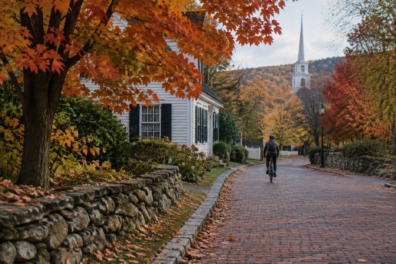 Cyclist on a brick lane in Woodstock under orange and red maples, fallen leaves against a slate curb