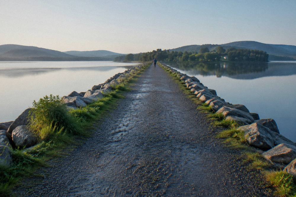 A gravel bike path crossing a narrow stone causeway with calm lake water on both sides