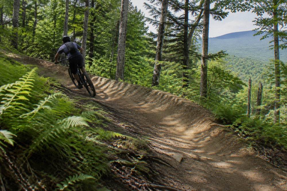 Rolling bermed mountain bike trail cut through dense Vermont woodland