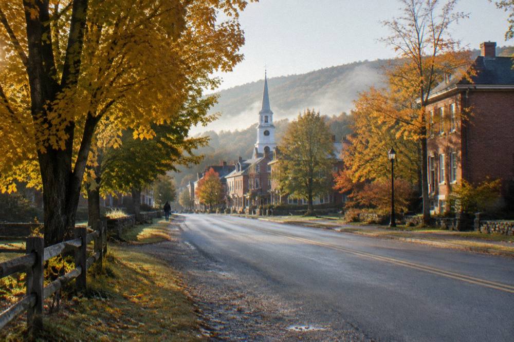 A country road lined with golden trees leading toward a small Vermont village