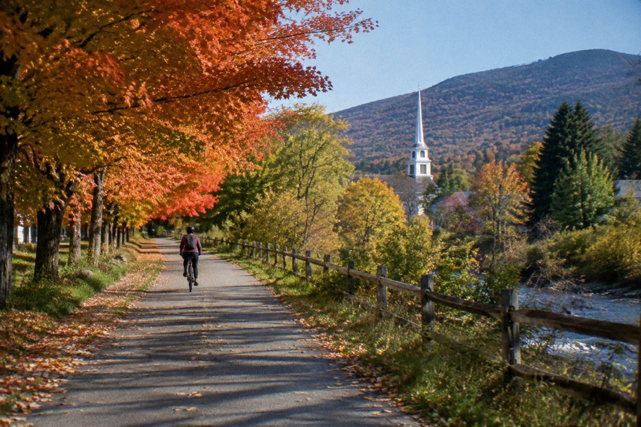 Cyclist on a paved path under red maples near Stowe, leaves on the asphalt, a white church spire beyond
