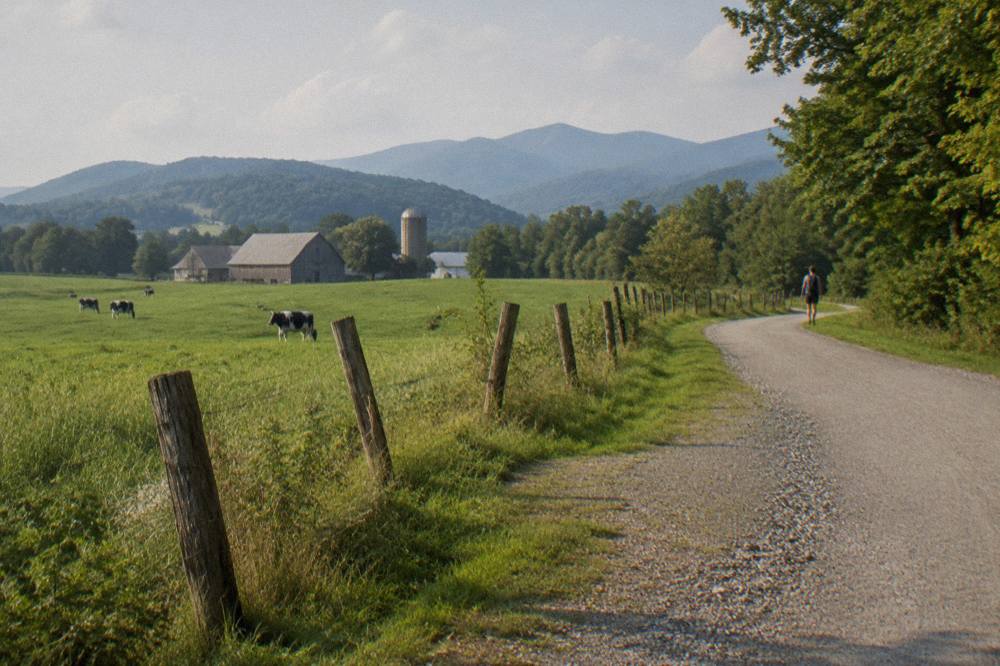 A wide crushed stone rail trail curving through green Vermont farmland