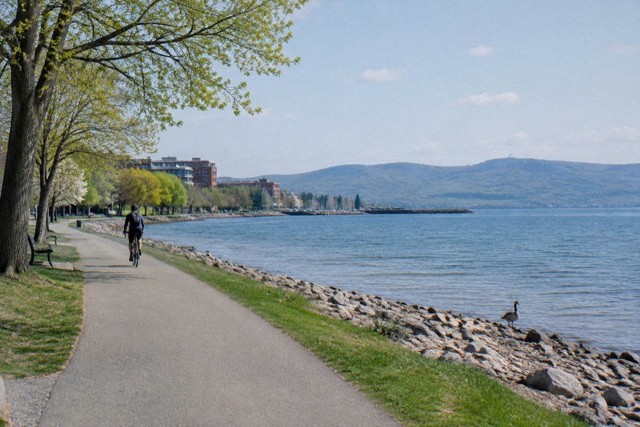 Cyclist on a paved path along the Lake Champlain shore at Burlington, hills across the water, a waterfowl on the beach