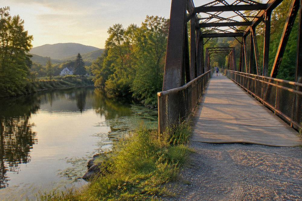 A rail trail bridge over a calm river with forest on both banks