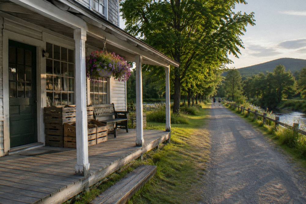 A village general store beside a rail trail with bicycles parked outside