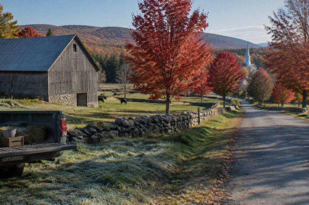 A country road lined with red and orange maple trees curving past a barn and fields