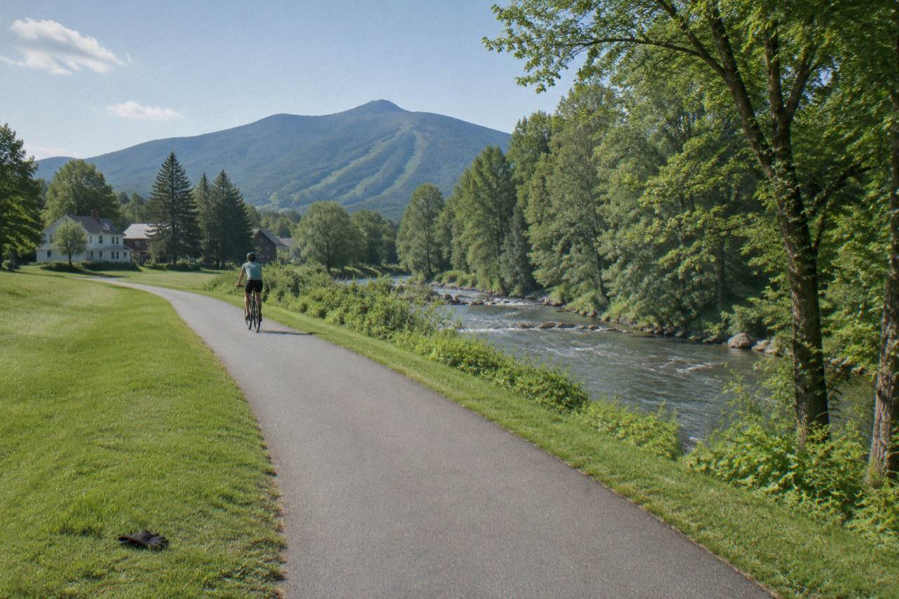 Cyclist on a paved path between mown meadows and the West Branch riverbank in Stowe, a glove in the grass