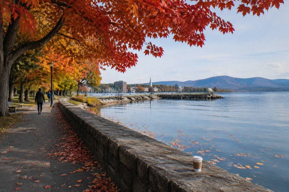 Fall foliage in red and orange along a lakeshore bike path with calm water beyond