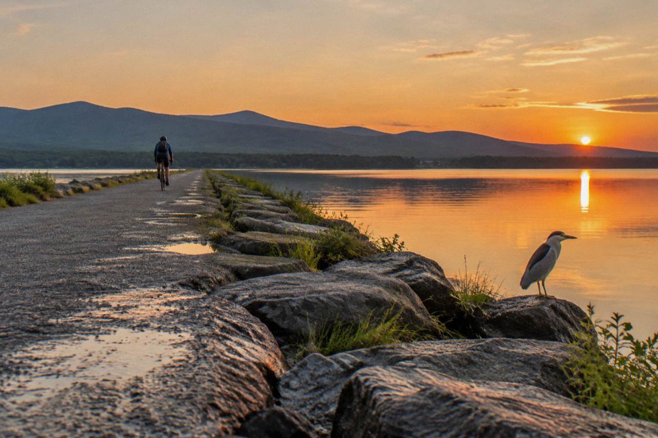 Cyclist on the stone causeway across Lake Champlain near Colchester at sunset, orange sky doubled in still water