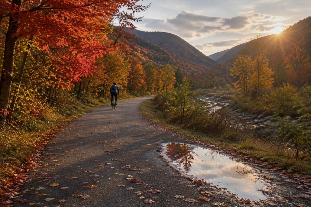 Cyclist on a winding road through Smugglers' Notch lined with flame-red maples, a puddle holding a reflection