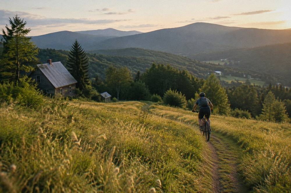 Rolling green meadow singletrack with distant forested hills