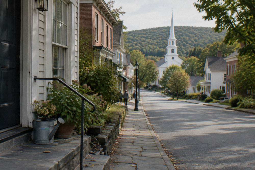 A village street with a church steeple and rolling green hills in the background