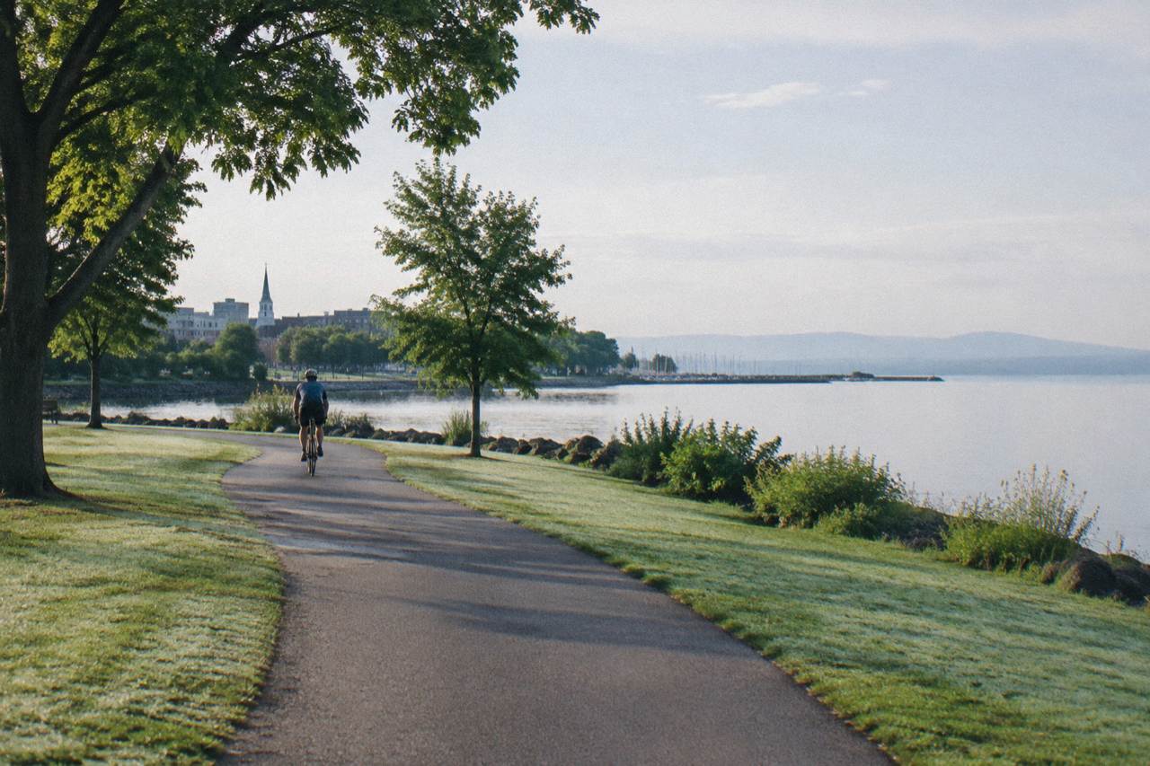 Cyclist on a paved path through green lakeside parkland on the Burlington waterfront, Lake Champlain pale and flat