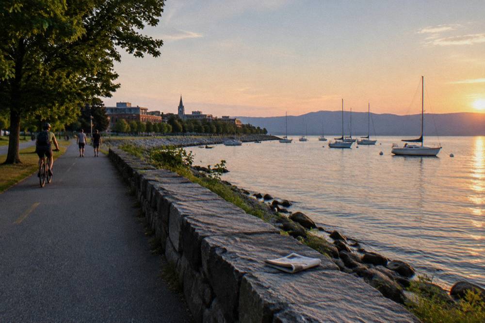 Lakeside walking and cycling path beside a downtown waterfront