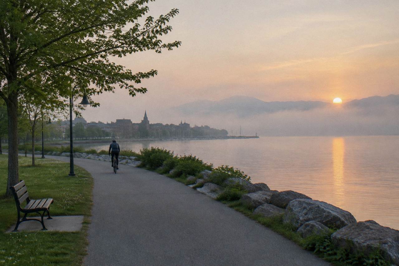 Cyclist on an empty paved lakeside path at Waterfront Park, Burlington, the Adirondacks faint across the water