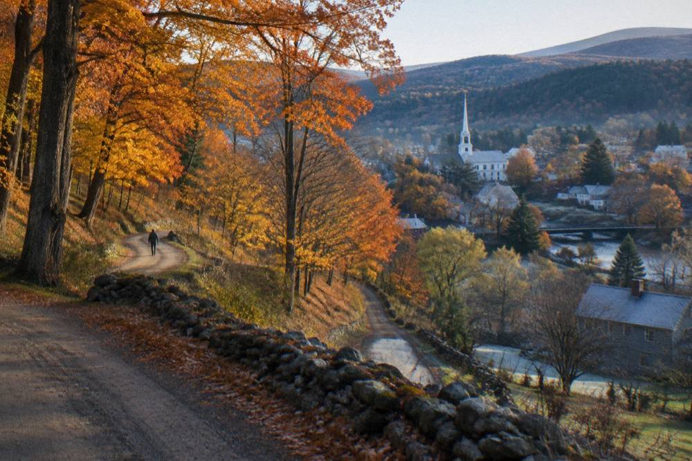 A dirt carriage road climbing through a hillside of orange maple trees