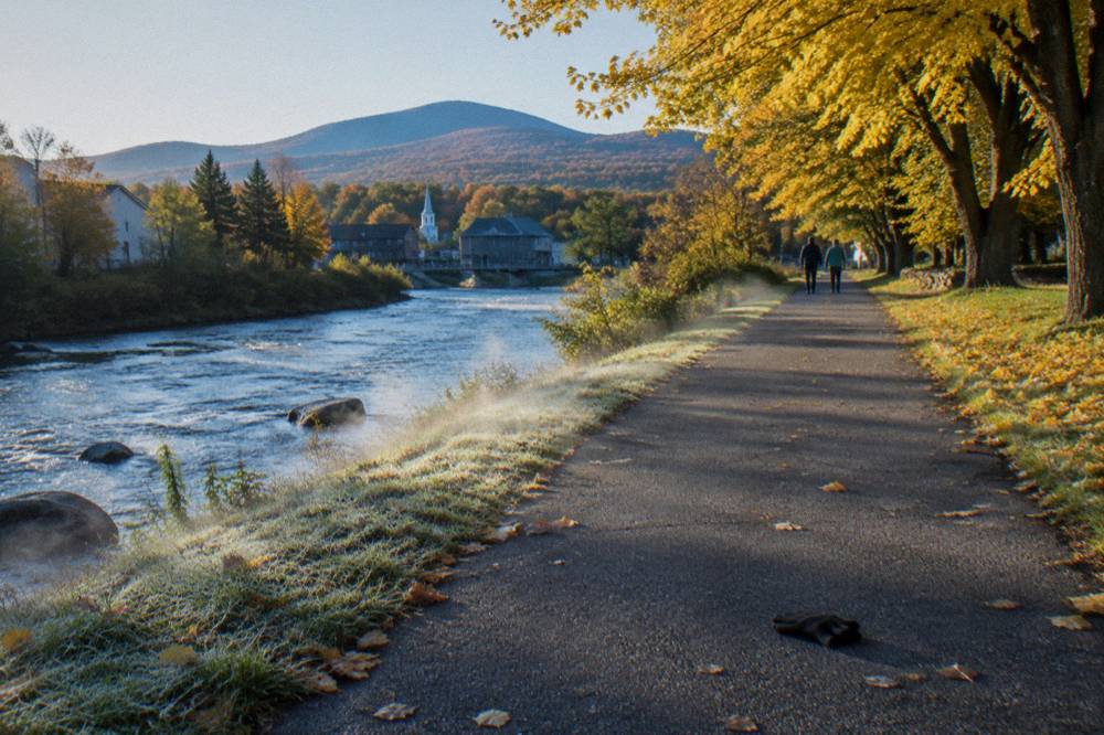A paved recreation path beside a river with yellow trees on both banks
