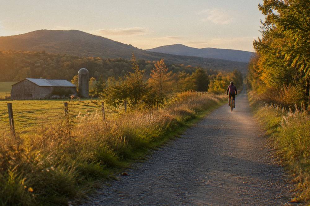 Cyclist riding a packed stone rail trail through open countryside