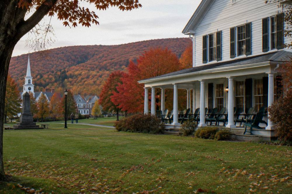 A country inn with a porch and Adirondack chairs facing a hillside of red maples