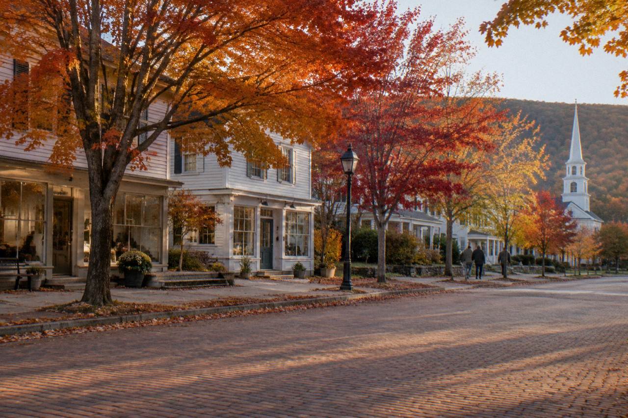 A village main street lined with orange and red maple trees beside a quiet country road