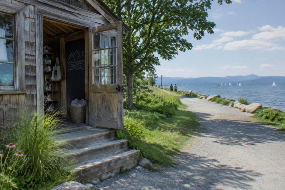 Row of rental bicycles parked beside a small wooden trailside building near a lake