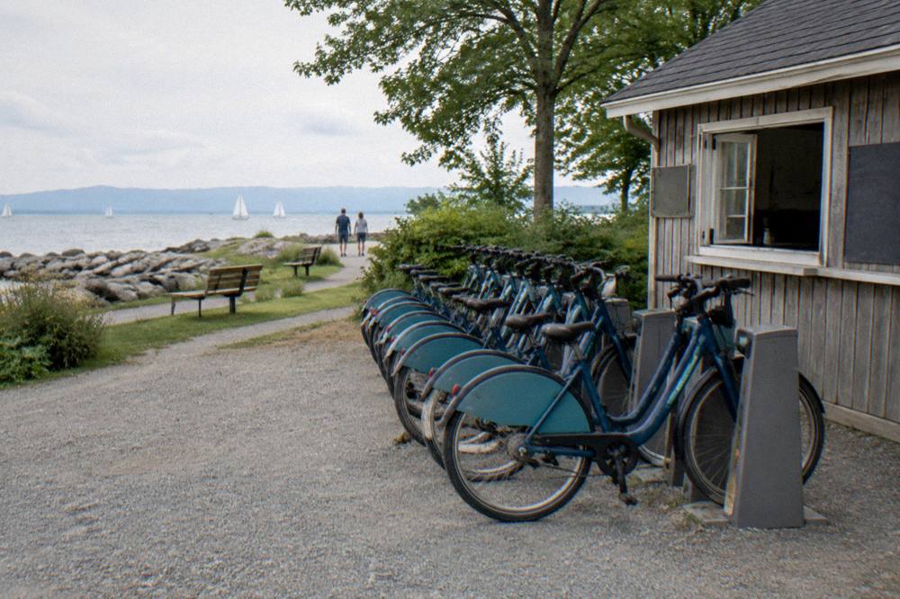 A row of rental bicycles parked on a gravel lot beside a small wooden trailside building