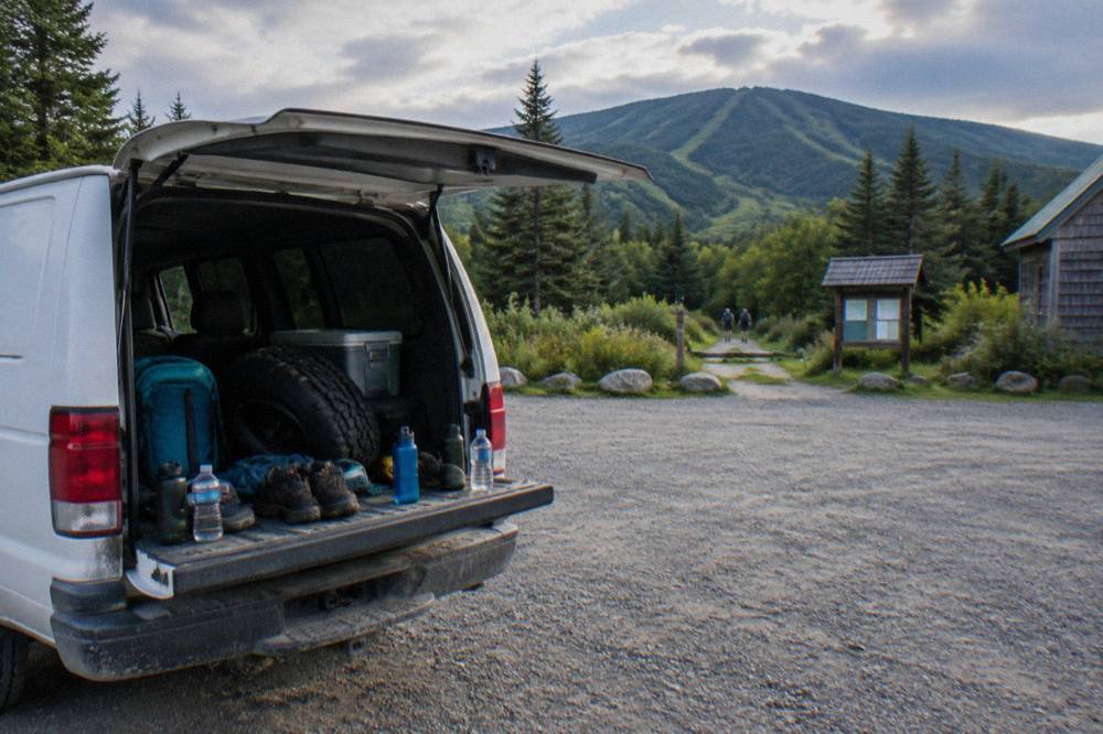 A support van parked at a trailhead beside bicycles loaded on a rear rack