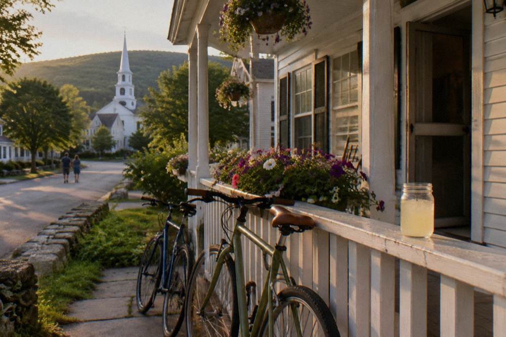 Bicycles parked outside a country inn at the end of a riding day