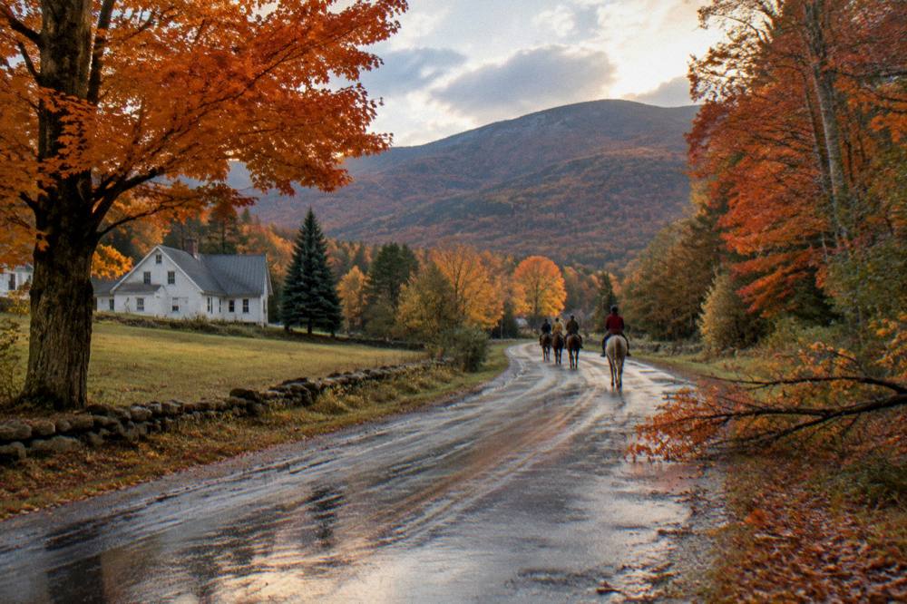 A line of cyclists riding a quiet valley road between bright autumn trees