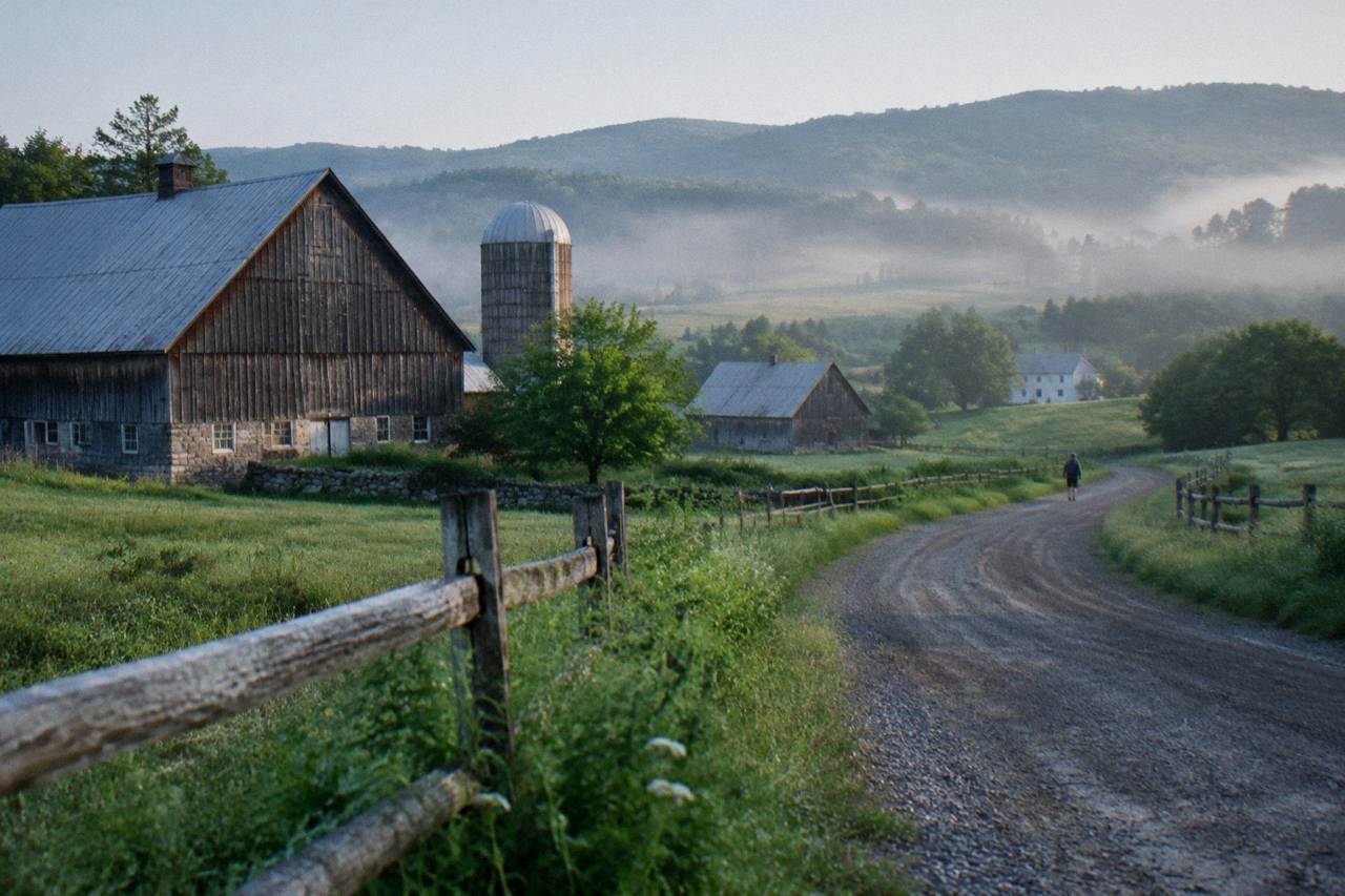 A quiet Vermont country road curving past farms and green hills, ready for a bike ride