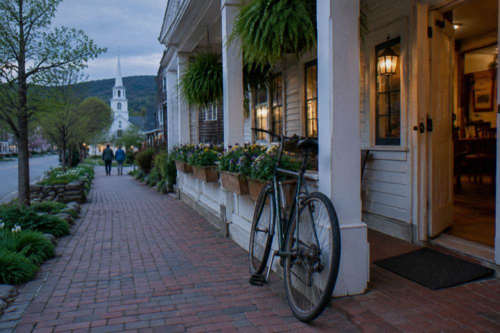 Bikes parked on a wooden porch beside a village inn with flower boxes