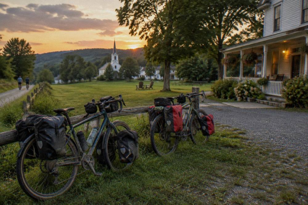 Two touring bicycles parked outside a country inn at the edge of a Vermont village.