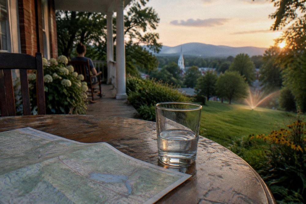A rider consulting a paper map at a table on the porch of a country inn.