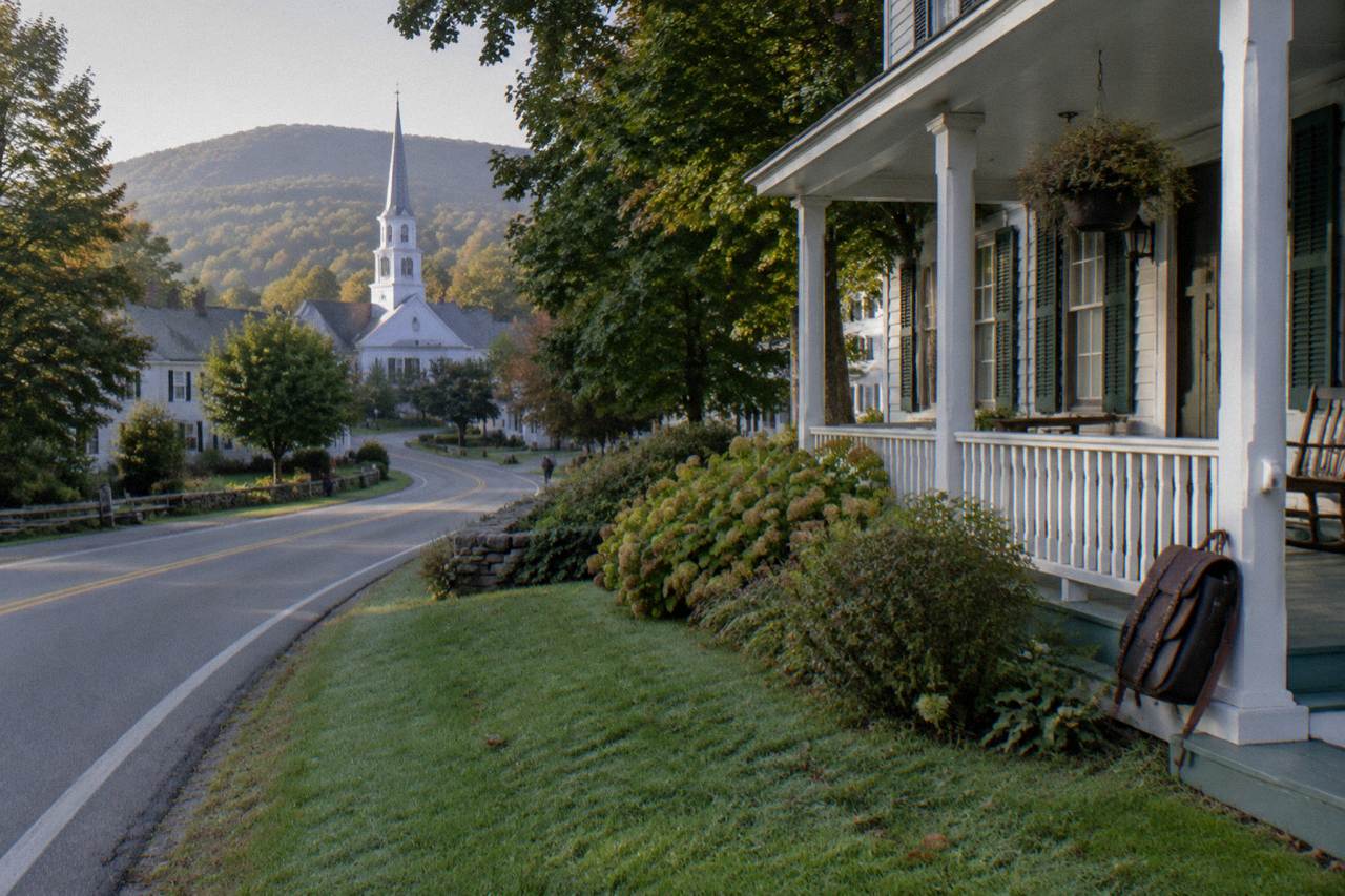 A quiet Vermont country road curving past a white clapboard inn with a bicycle leaning against the porch rail.