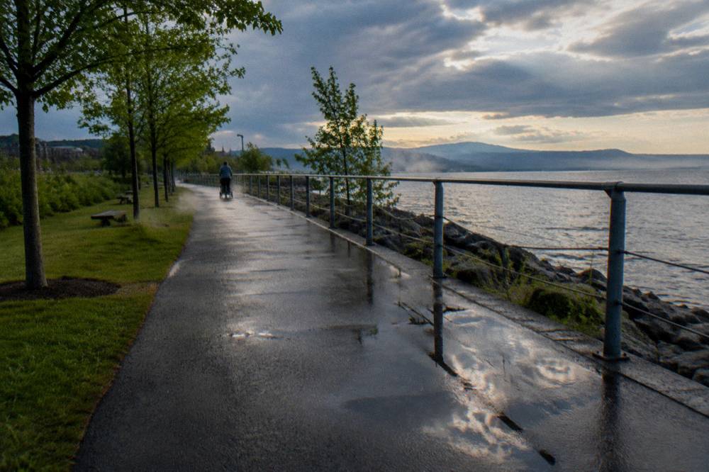 A wide paved shared-use path along a shoreline lined with trees