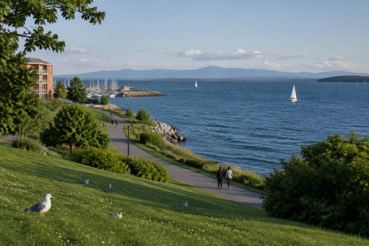 A lakeside bike path curving along a wide body of water with distant mountains under a clear sky