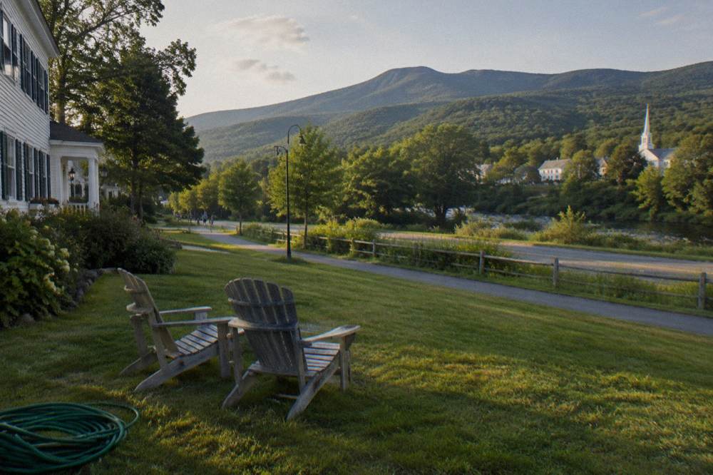 A country inn with a lawn and Adirondack chairs beside a quiet road in rolling green hills
