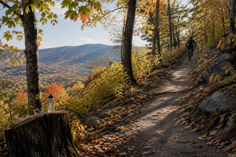 A rider on a pedal-assist mountain bike climbing a smooth dirt trail through autumn woods