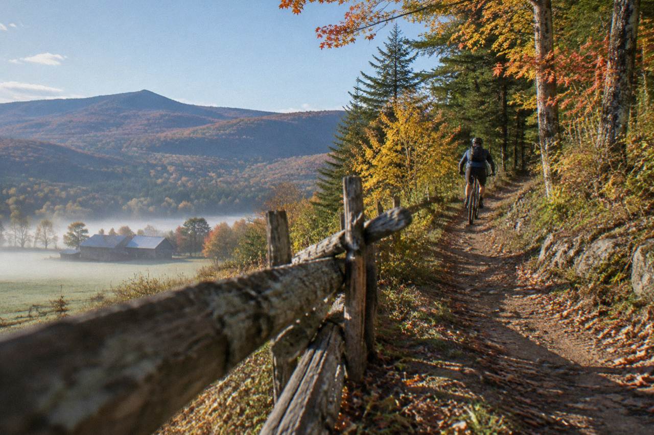 Cyclist on singletrack climbing into forest above East Burke, maple leaves drifting, dew steaming off a pasture