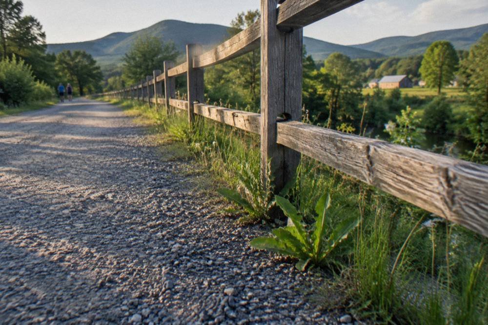 A close view of a compacted crushed stone trail surface with a wooden rail fence beside it