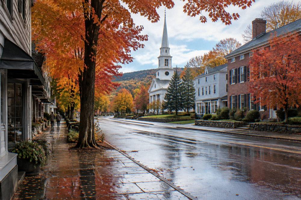 A small Vermont village main street with a church steeple and shops under fall color