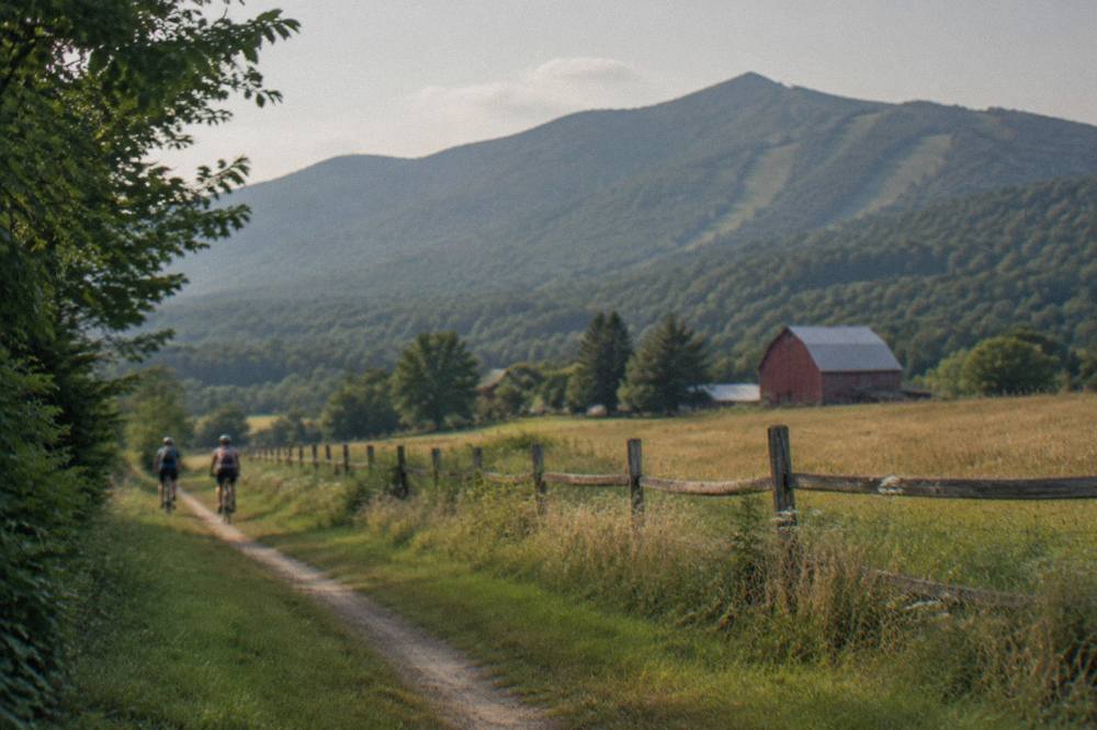 Mountain bikers riding a flowing singletrack trail through open Vermont farmland