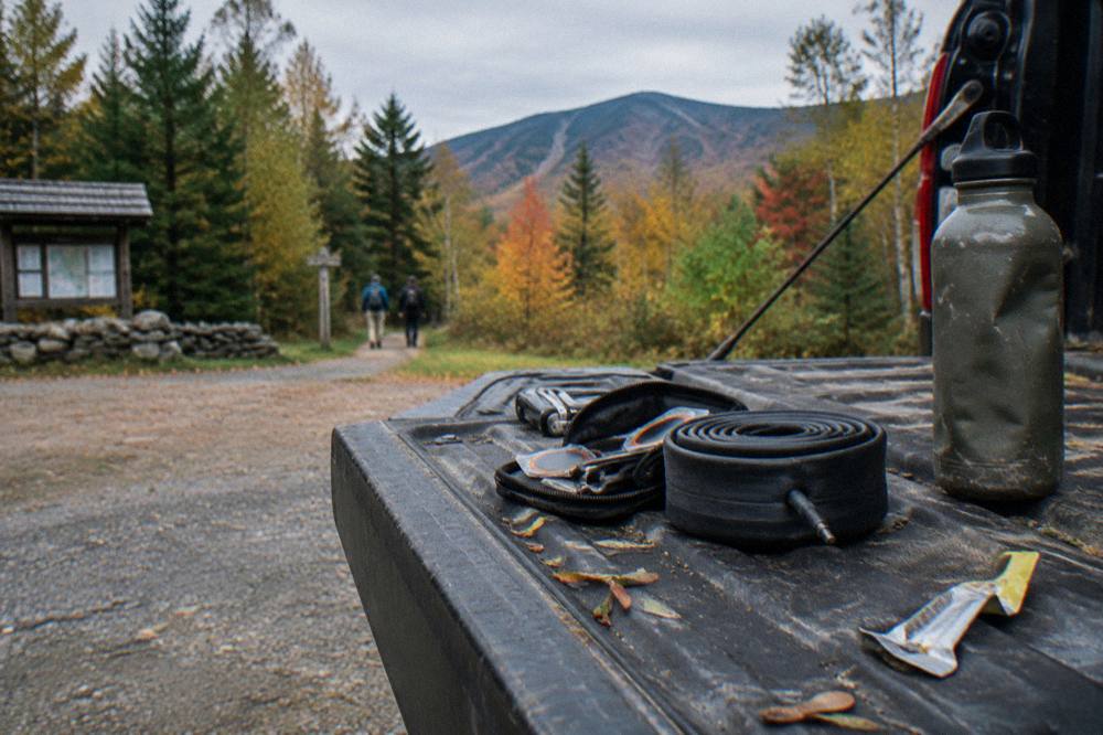 A mountain bike repair kit and water bottle arranged on a tailgate beside a forest trailhead