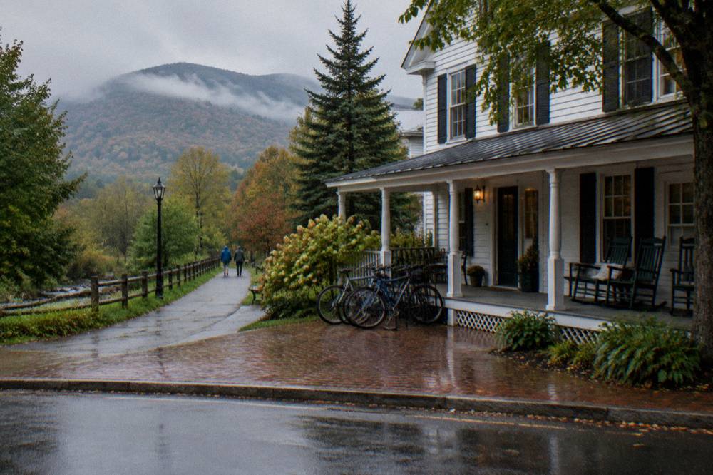An inn beside a quiet Vermont village street with bicycles parked by the porch